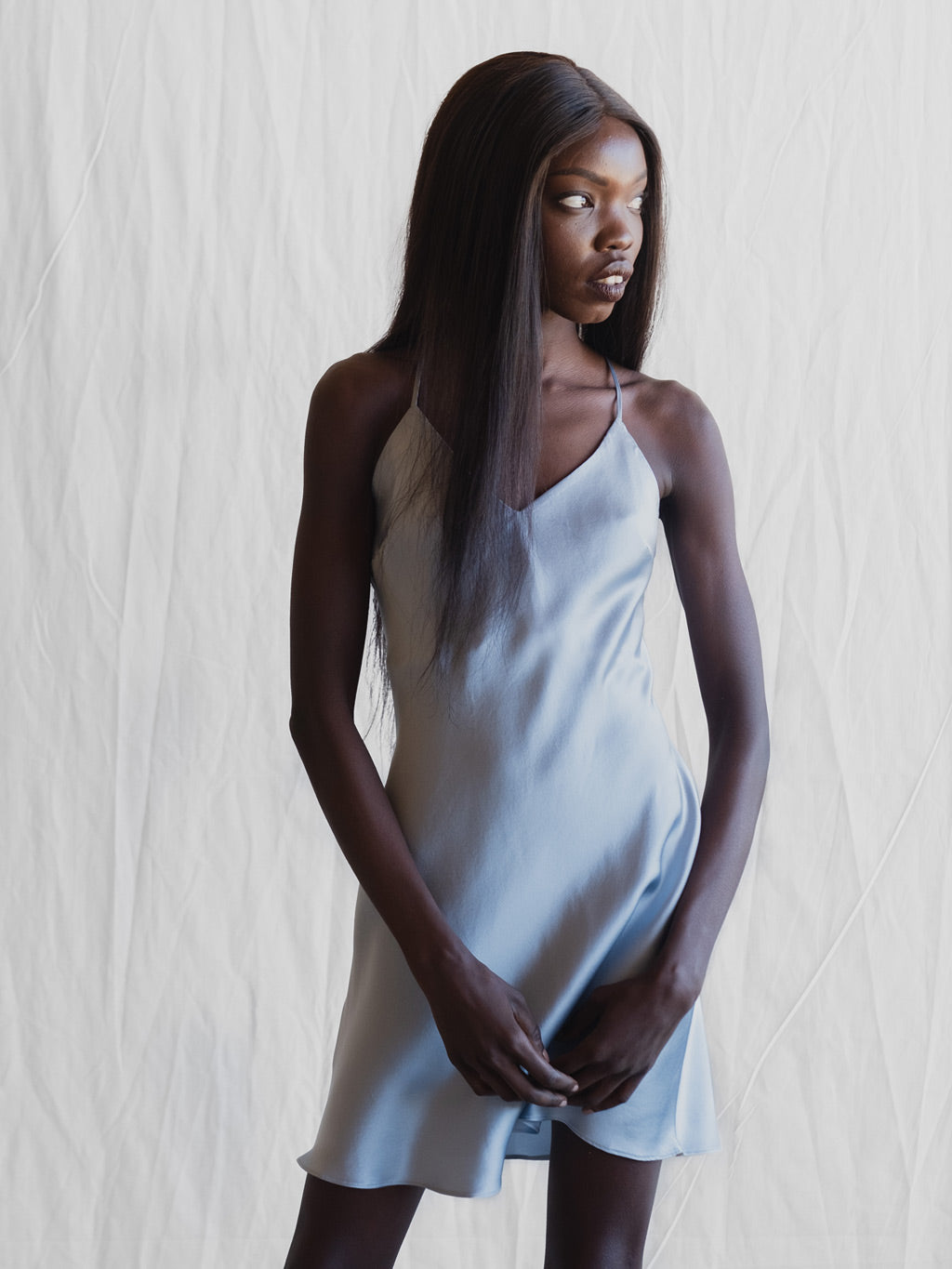 short light blue slip dress Style Slip Satin Mini Dress Blue Size L from Hello Molly